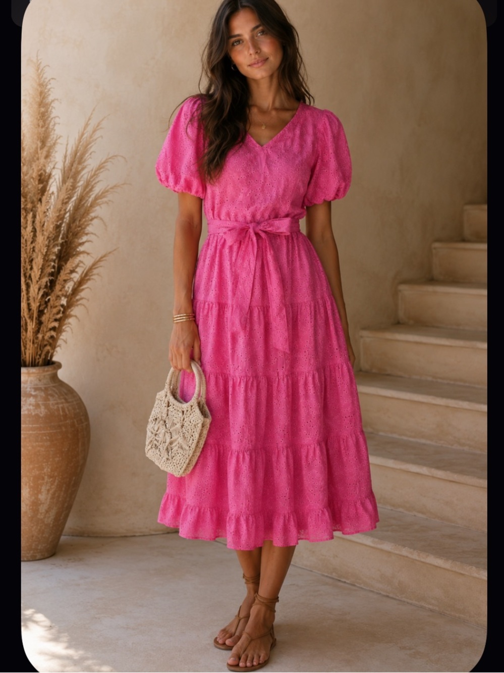 Dress forum pink embroidered floral midi tiered puff sleeve party summer $98